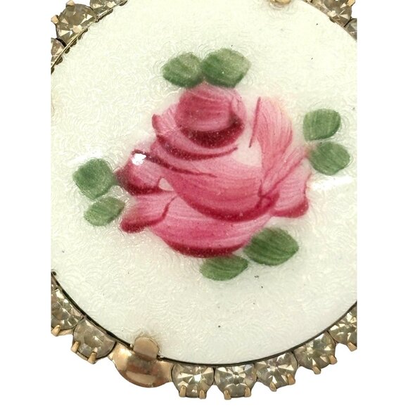 Vintage Floral Porcelain Rose Brooch With Rhinestone Accents - Picture 4 of 11